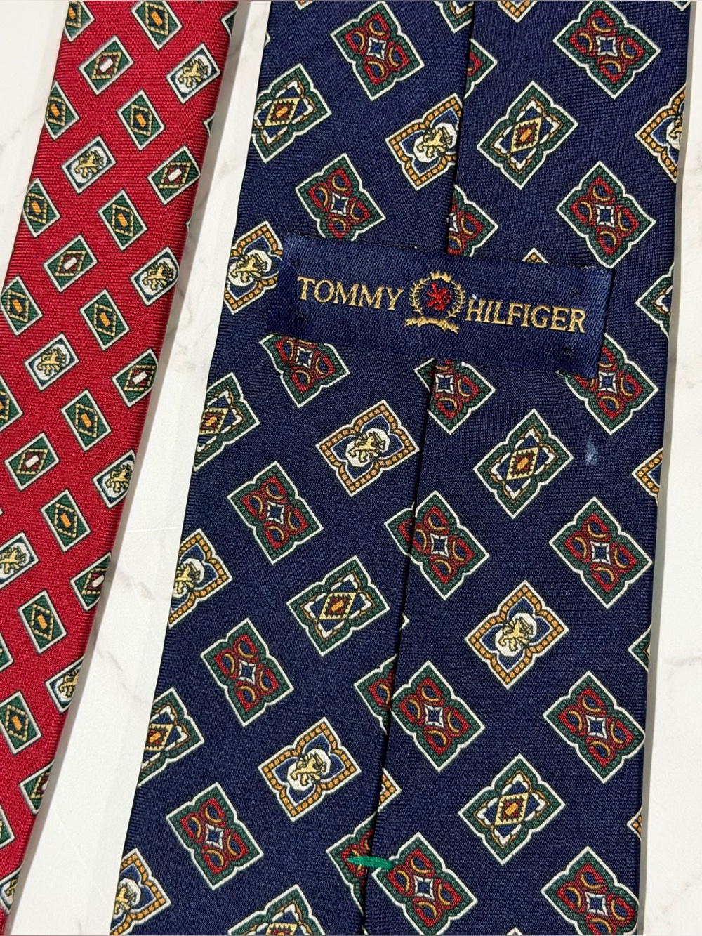 Tommy Hilfiger Navy Blue Medallion Silk Tie with Red Accent